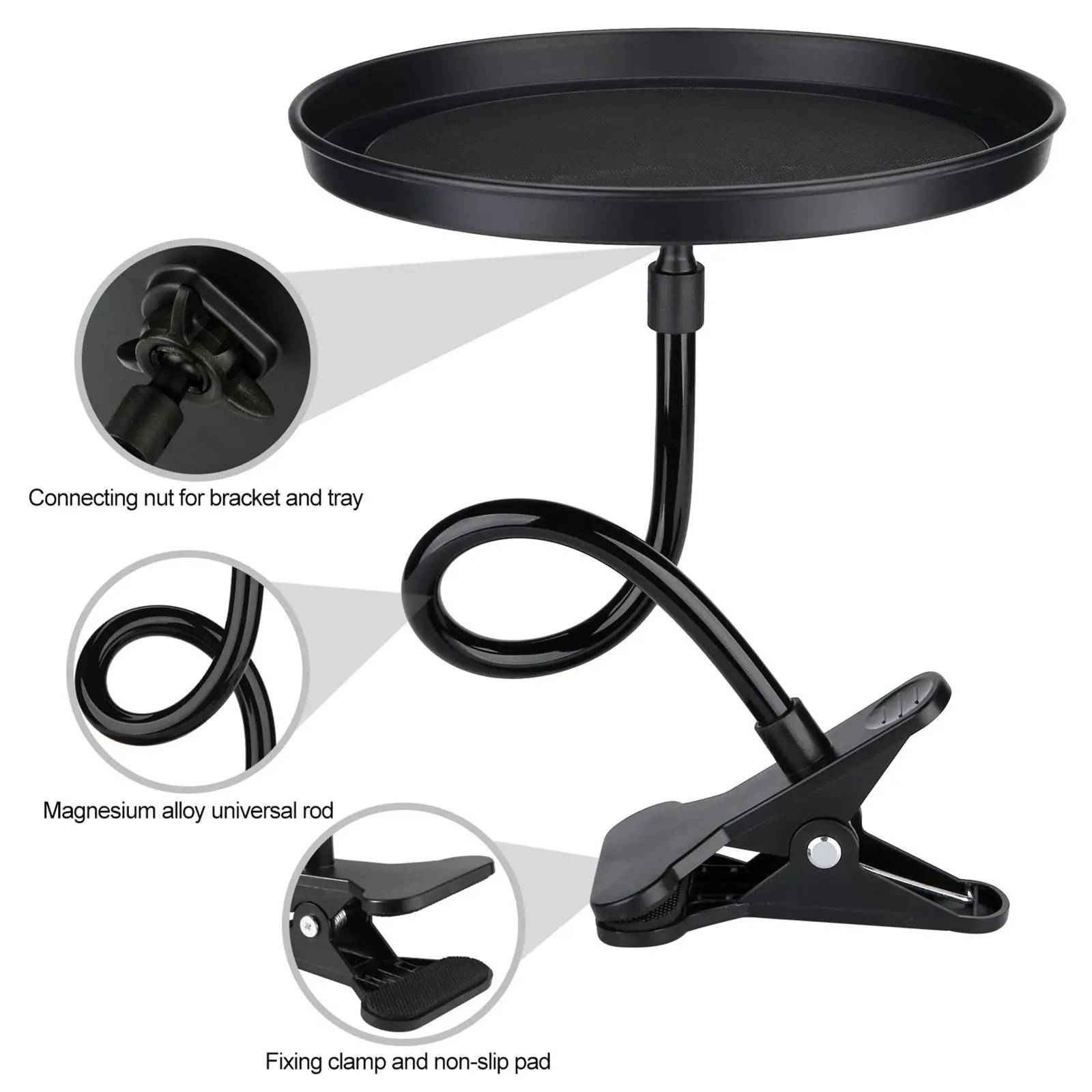 Car Food Tray Anti-Slip Round ABS Organizer Mount W/ Clamp Fit for Snacks