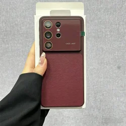 Elegant Large Window PU Leather Phone Case with Glass Camera Protector - Shockproof Cover - Galaxy S26+ (Wine red)