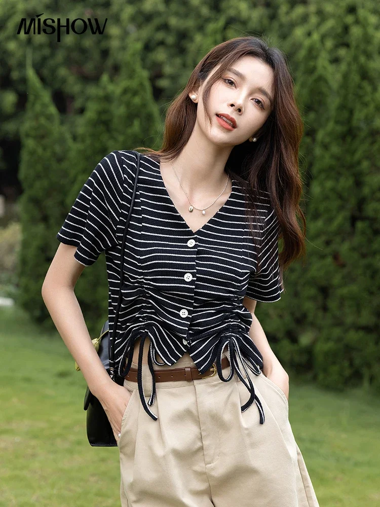 

MISHOW Summer Chic T-shirts for Women Korean Loose V-neck Striped Shirring Knitted Short Sleeve Top Thin Classic Tees MXB29Z0685