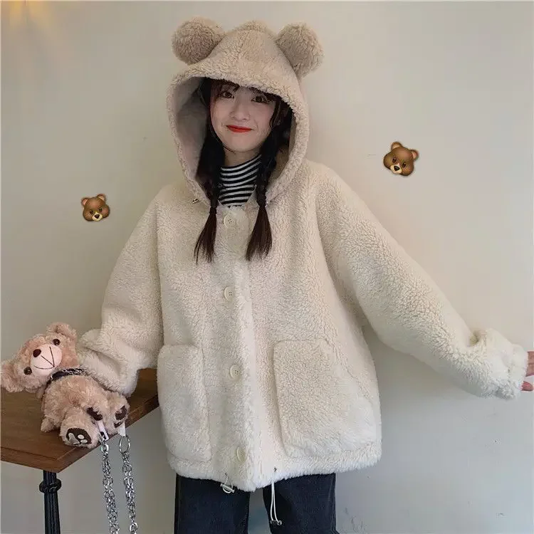 

Jackets Women Kawaii Hooded Winter Korean Soft College Single Breasted College Girls Outwear Coats Simple Sweet Female Clothing