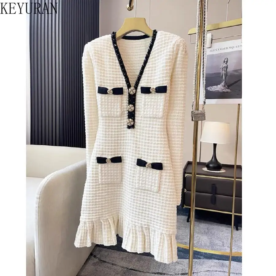 

2024 New Spring New Year Christmas Red White Sequin Plaid Dress Women's Sexy V-Neck Bow Fashion Short Dresses Female Clothing