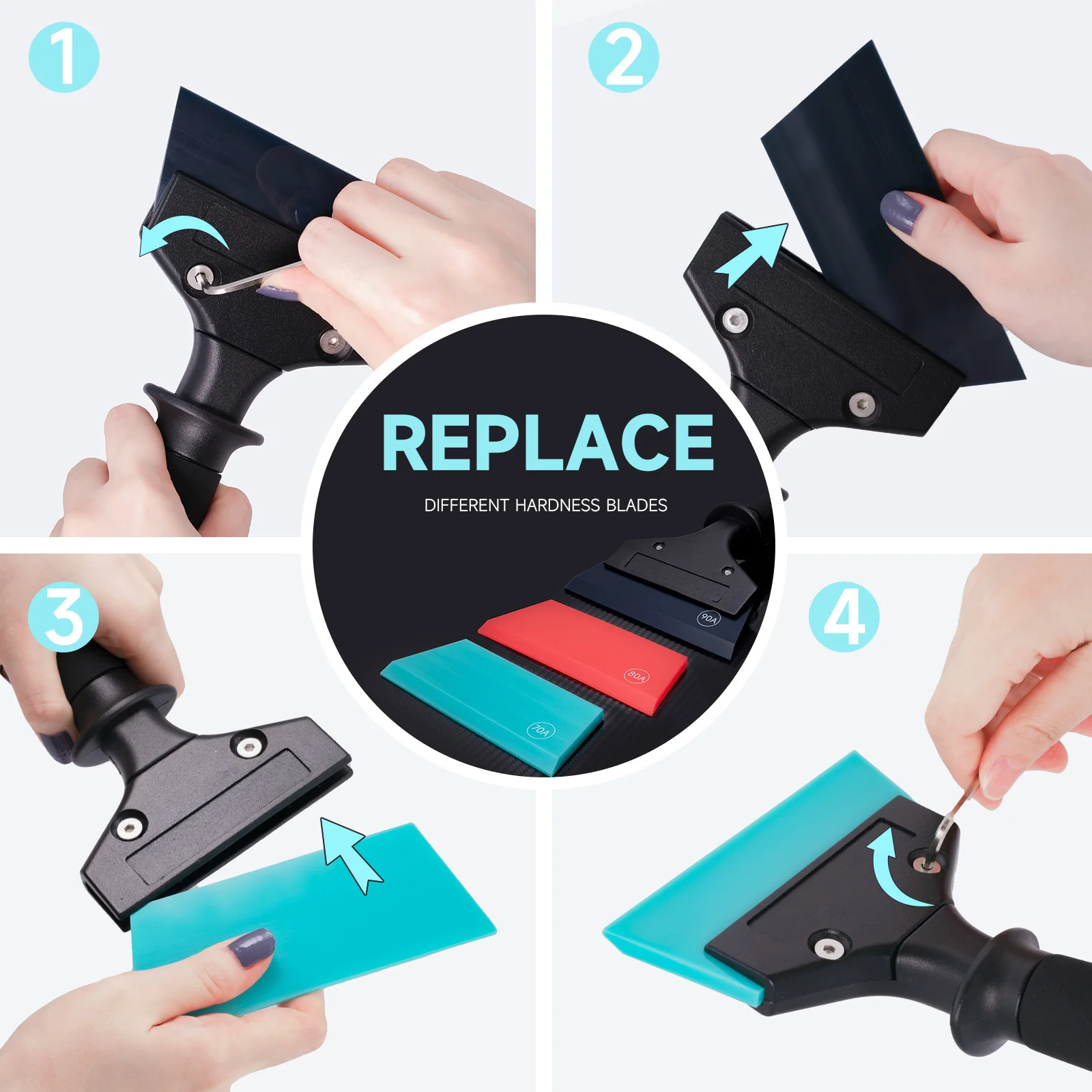 EHDIS Car Wash Cleaning EVA Handle Squeegee With 3pcs Soft Rubber Blade Tinting Vinyl Wrap Application Glass Drying Scraper Tool