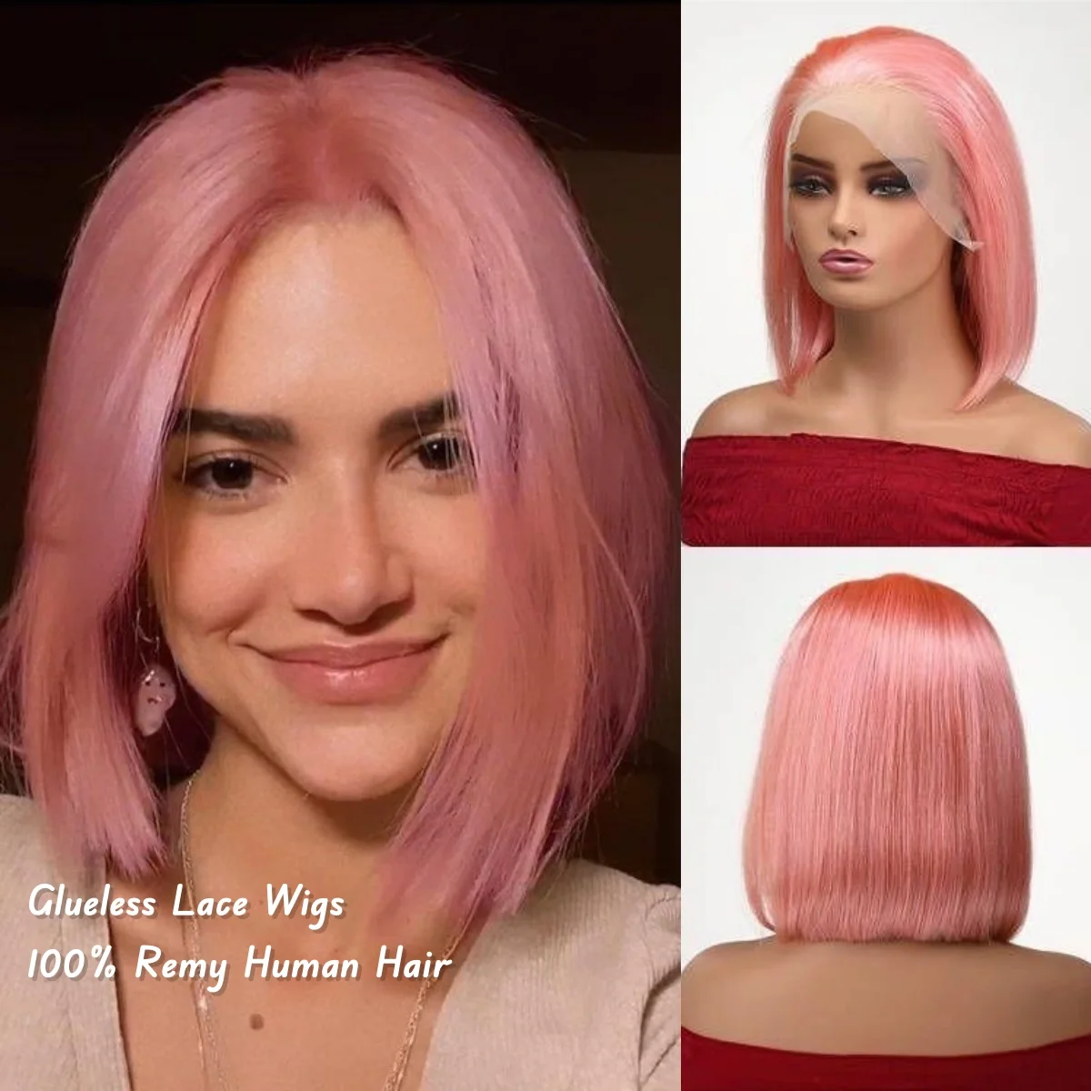 

100% Remy Human Hair Wigs Rose Pink Short Straight Bobo Wigs for Black Women 10 Inch Glueless Lace Frontal Human Hair for Daily