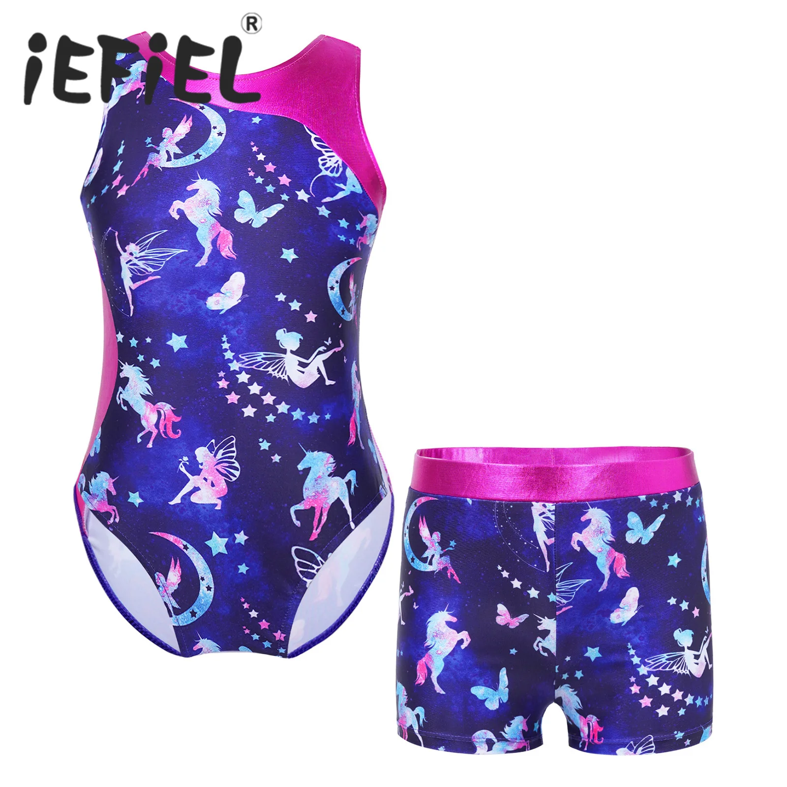 

Kids Girls Children Ballet Dancewear Workout Gymnastics Outfits Sport Cartoon Print Bra Top with Shorts Set Dance Class Outfits