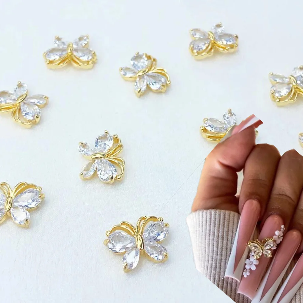 

Butterfly Zircon Nail Charm 10pcs Gold/Silver Colors Butterfly CZ Dangle Nail Charms Butterfly 3D Zircon Crystal Nail Ornament