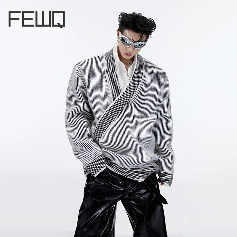 

FEWQ Men Wool Cardigan Niche Design V-neck Loose Knit Sweater With Sloping Placket Loose Autumn Winter Clothing Trend Top 9C1978
