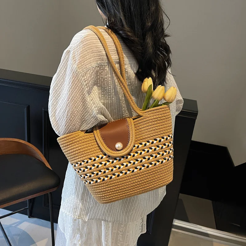 Latest Fashion Hand-Woven Shoulder Bag for Women, Beach Vacation Tote Bag with Cotton Thread Weaving Handbag