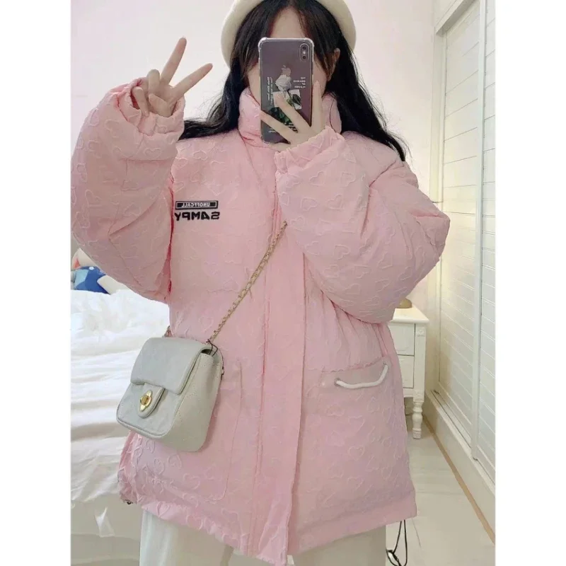 

Winter Love Stand Collar Cotton Jacket Women Harajuku Fashion Casual Multi Functional Pocket Zipper Thickened Bread Down Jackets