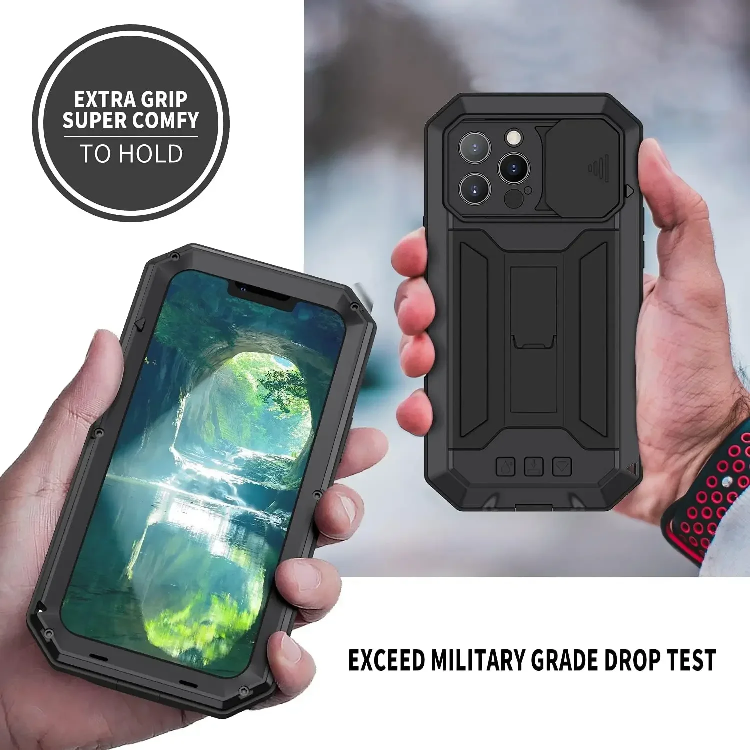 Rugged Aluminum Metal Armor Bumper Phone Case with Shockproof Glass Screen Protector