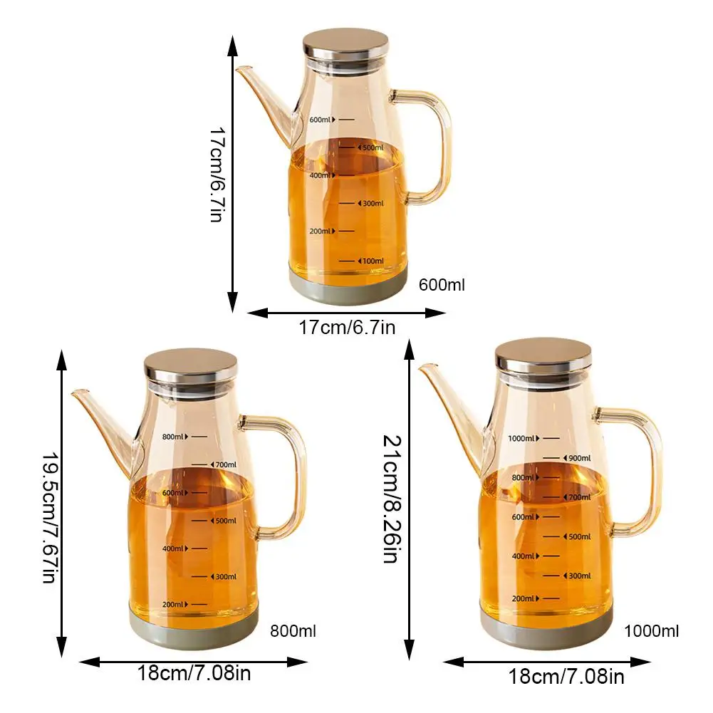 Oil Dispenser 600/800/1000ML Glass + Stainless Steel Kitchen Household Seasoning Bottle Container No Oil Hanging