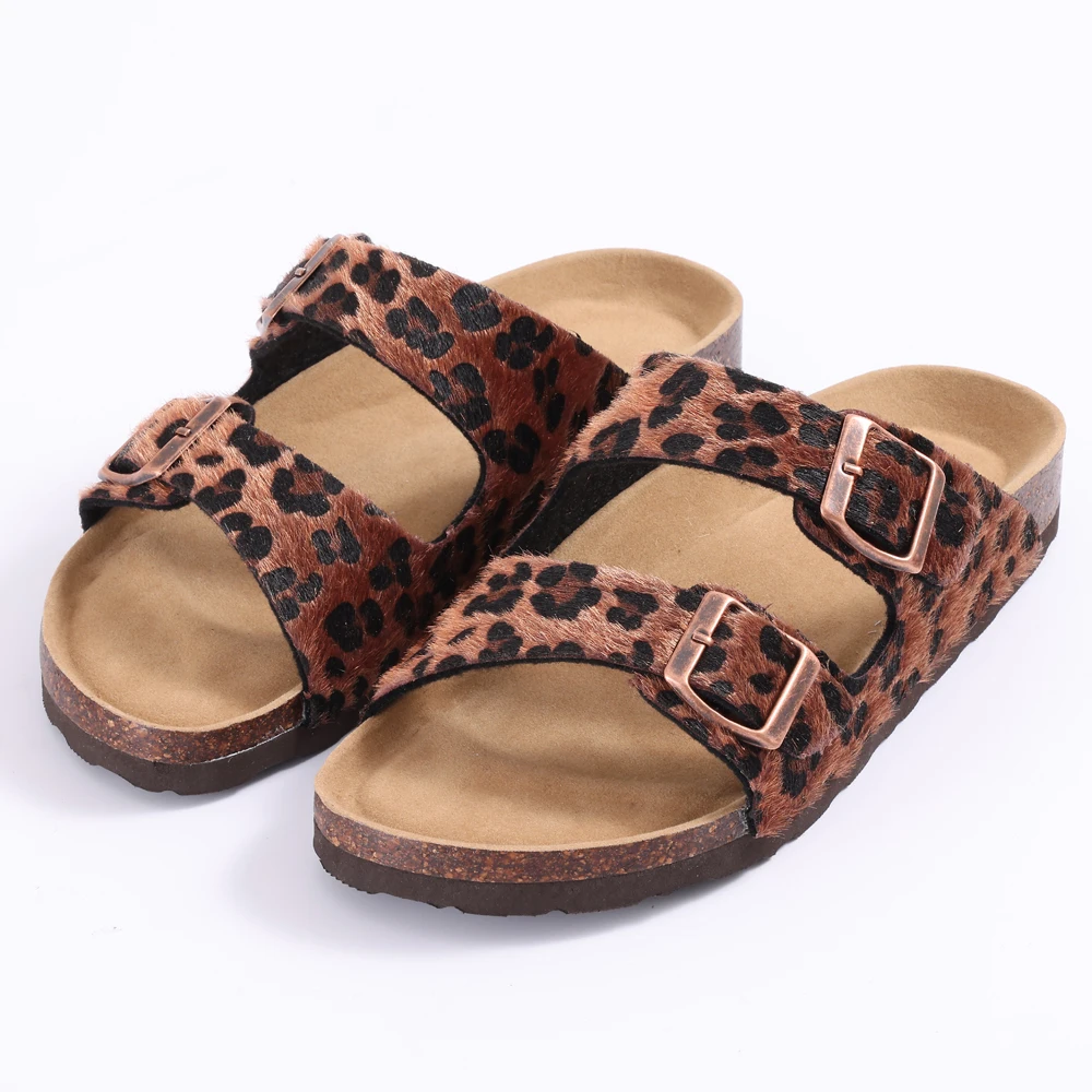 Comwarm Damen-Slide-Sandalen, lässige Plateau-Sandalen mit Korkfußbett, offene Zehen, Leoparden-Slides mit verstellbarer Schnalle, flache Sandalen – Detail 3