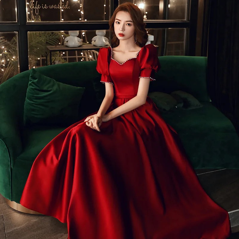 Amazon Burgundy Puff Sleeve Top Elegant Burgundy Satin Prom Dress