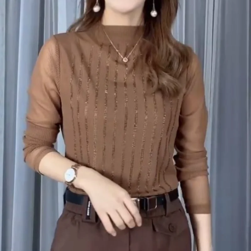 

Elegant Net Yarn Bottoming Shirt Spring New Long Sleeve O-neck Solid Color Plus Size Tops Tees Vintage Fashion Women Clothing