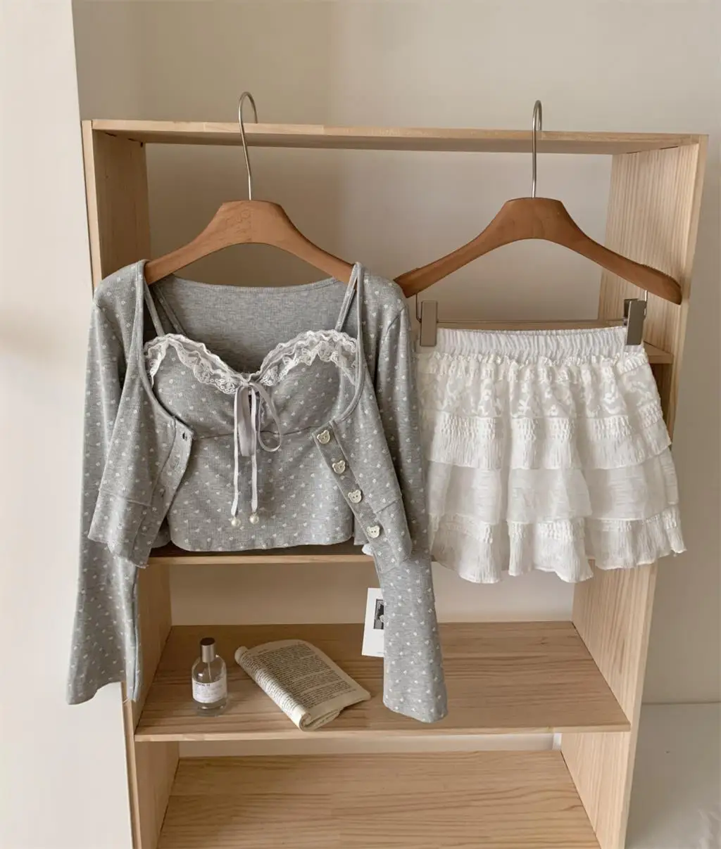 Autumn New Sweet 3-piece Skirt Set Women Spaghetti Strap Top Cardigan Mini Cake Skirt Y2K Kawaii Korean Fashion Suit Clothing