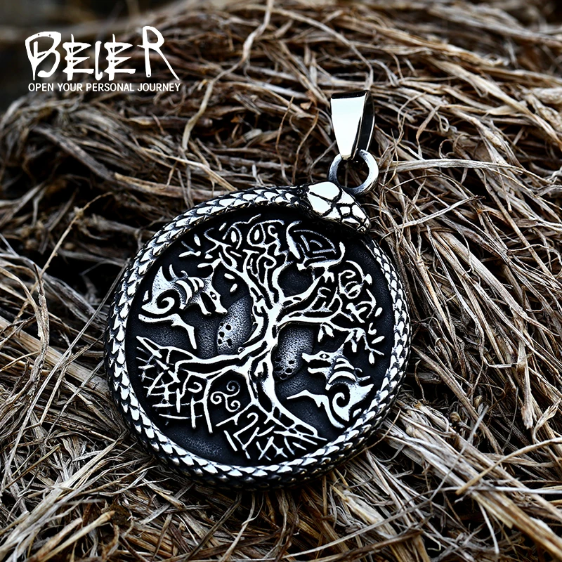 Beier New Creative Design 316L Stainless Steel Round Viking Snake Compass Necklace Pendant Norse Amulet Jewelry For Men