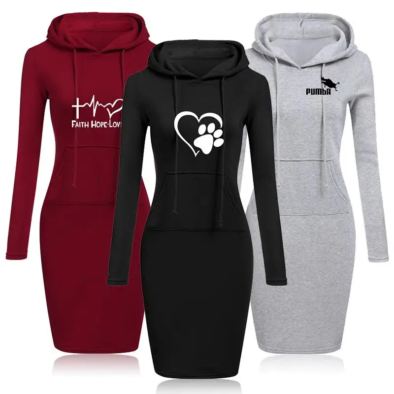 

Spring Autumn Print Sweatshirt Long-Sleeve Dress Woman Clothing Hooded Collar Pocket Simple Casual Lady Drawstring Fashion Dress
