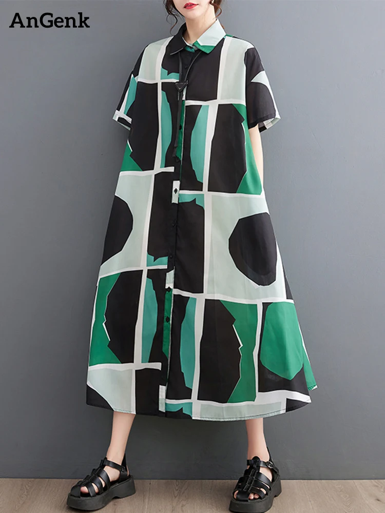 2023SpringSummerNewVintagePrintShirtDressesForWomenShortSleeveLooseCasualLong