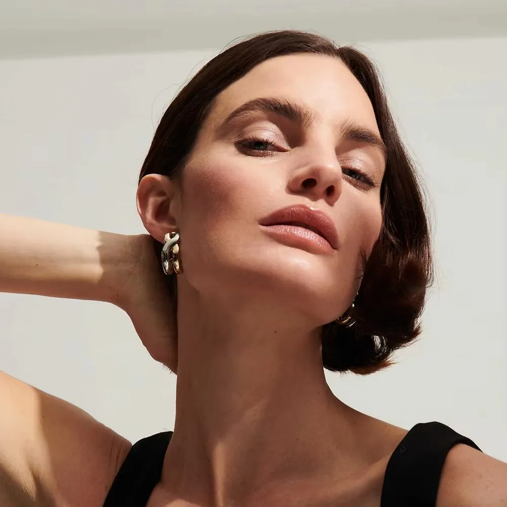 Retro Waterproof 18K Gold Plated Long Chain Zircon Hoop Earrings Two-tone Gold&silver Color PVD Round Tube O-Shaped Ear Jewelry