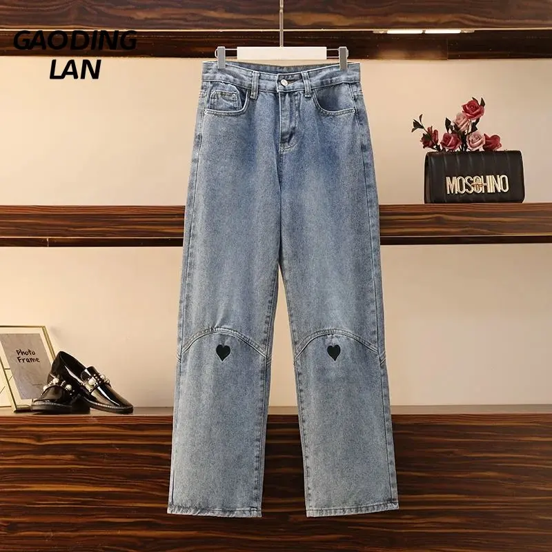 

Gaodinglan Creative Love Embroidery Large Size Women Jeans Loose Straight Wide Leg Denim Pants Female Fashion Splicing Trousers