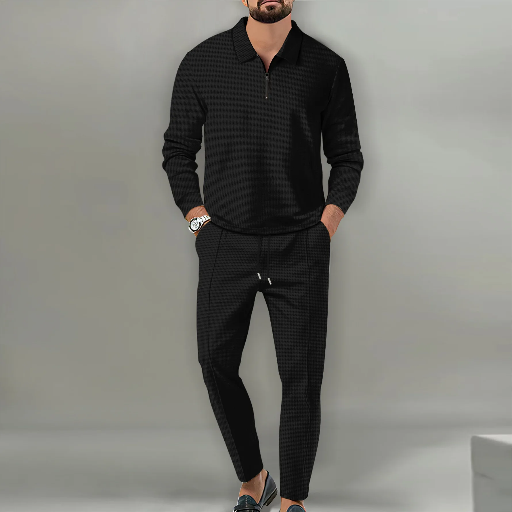 Spring Autumn men's casual lapel solid color two-piece fashion zipper Waffle fabric outdoor sports long sleeve + pants suit 3