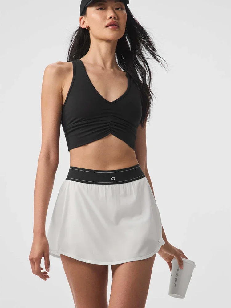 White Tennis Skirt Elastic Waist Running Fitness Golf Skirt Women Pockets Comfort Breathable Quick Drying Sports Pants