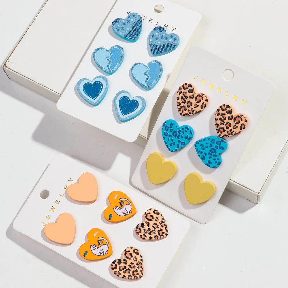 Acrylic Love Heart Round Earrings for Women Girls Simple Leopard Dots Earrings Trend Jewelry 3Pairs/set