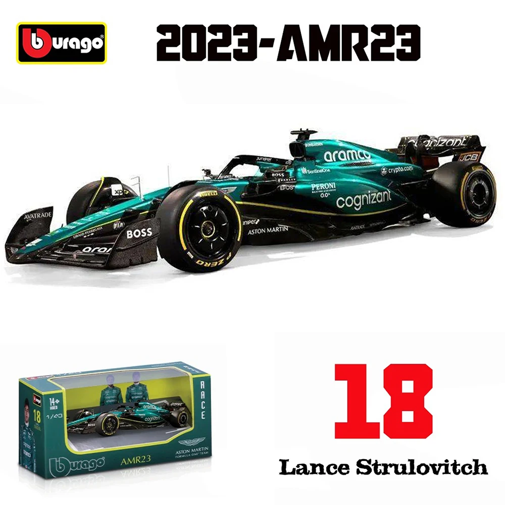 부바고 1:43 F1 애스턴 마틴 아람코 F1 팀 AMR23 2023 14 알론소 18 산책 합금 자동차 다이 캐스팅 모델 장난감 소장품