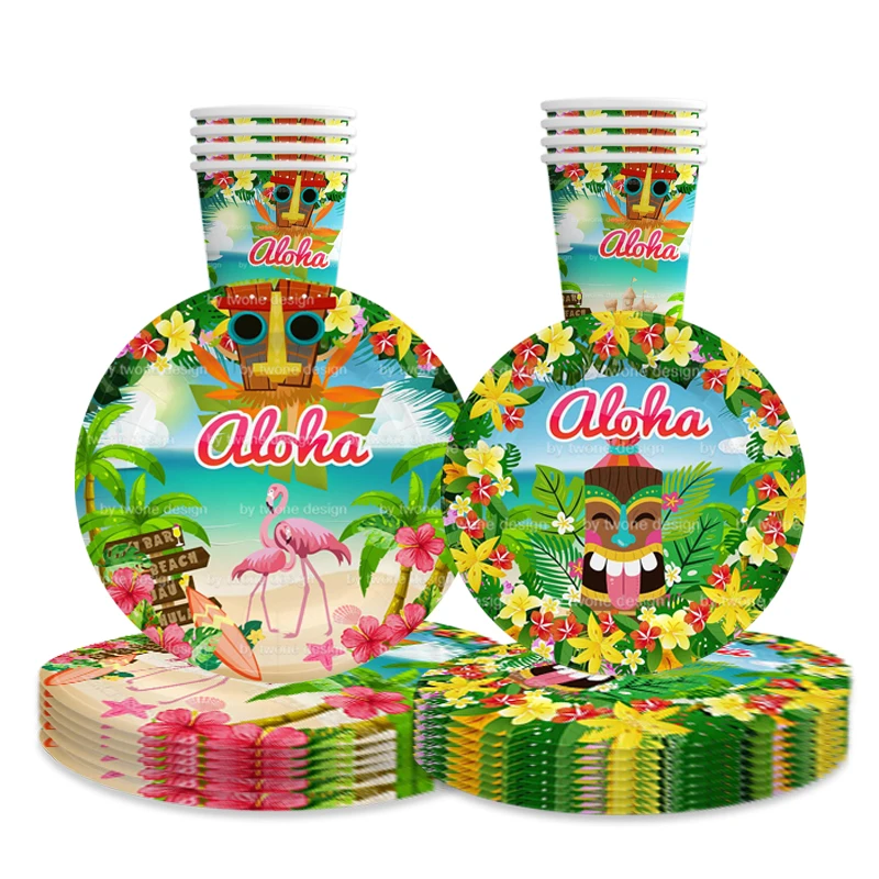 Pink Flamingo Totem Disposable Tableware Hawaiian Party Coconut Tree