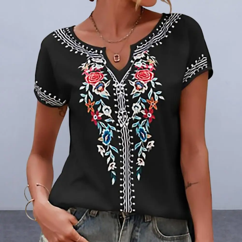 Printed Ethnic Style Women Top Ethnic Style Retro Print Women's V-neck T-shirt Loose Fit Casual Tee Shirt for Streetwear Fashion