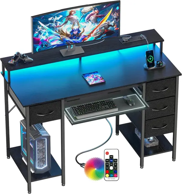 Modern Desk with Power Outlets LED - 120x50cm Computer Table Gaming Desk, Keyboard Tray, 4 Reversible Drawers, Large Sto