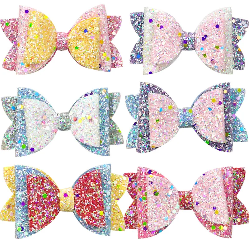 

1PCS Lovely Tricolor Leather Glitter 3.4 Inch Bow Elastic Hair Bands Hairpins Dance Party Korean Hair Accessories For Baby Girl