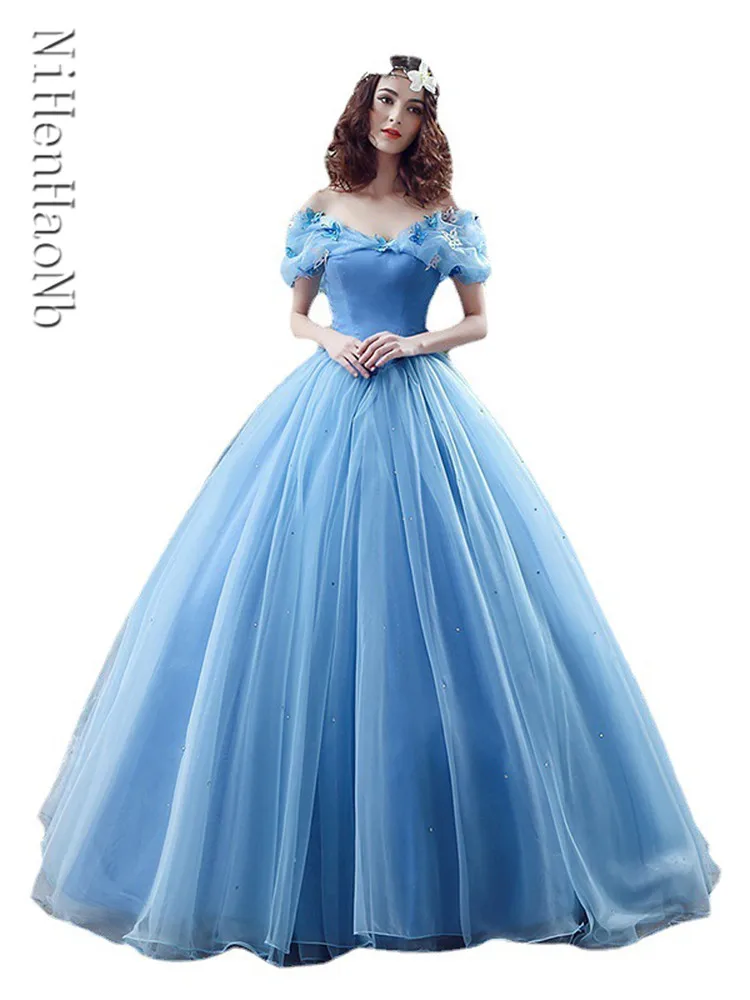 

Fairy 16 Quinceanera Dresses Blue Off Shoulder with Butterfly Sweet 15 Masquerade Ball Gowns