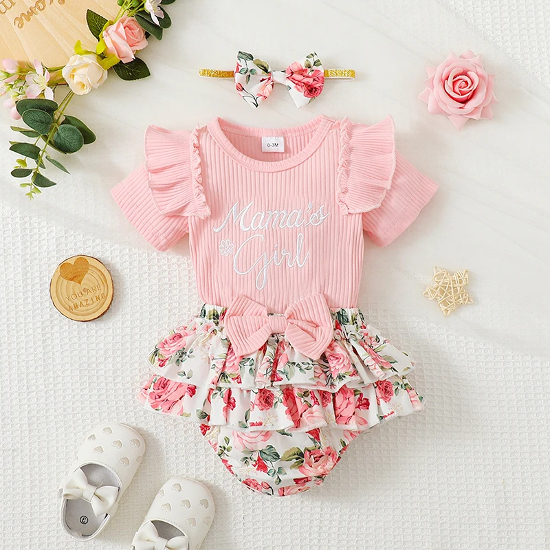 

Newborn Infant Baby Girl Clothes Mamas Girl 3PC Summer Outfit Set Ruffle Short Sleeve Romper Floral Shorts Headband