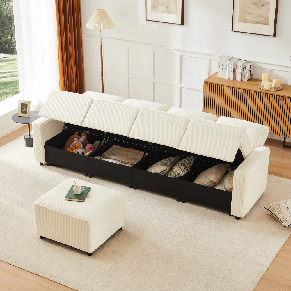 PINGGO Beige Cord-Sofa mit 4 Sitzplätzen und Aufbewahrungshocker 280x146x85cm für Wohnzimmer – Detail 14