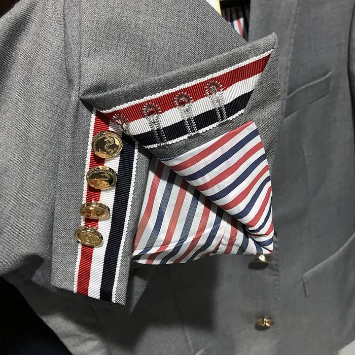 TB style classic double-sleeved red, white and blue striped gold button high waist short jacket casual suit small suit