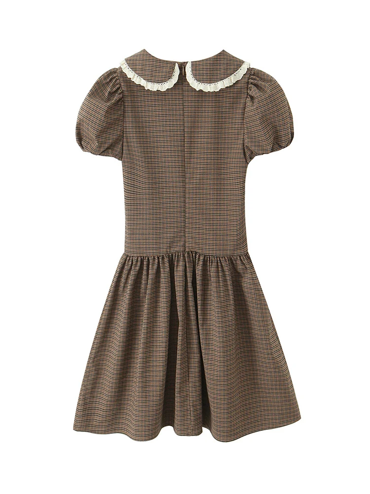 New Women's Puff Short Sleeve Mini Dress Chic Casual Peter Pan Collar Cute A Line Plaid Drees Elegant Lady Street Outfit