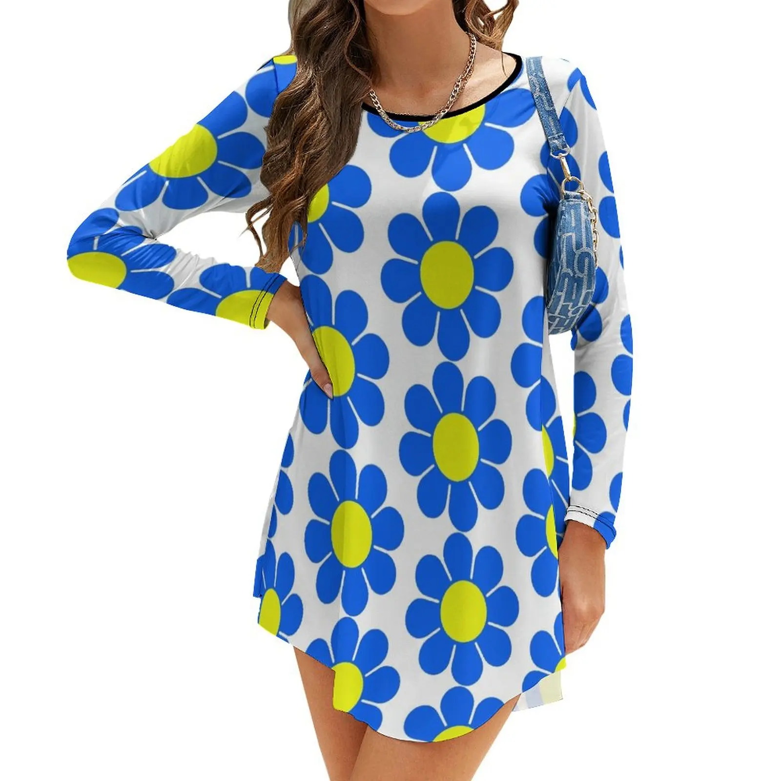 

Blue Yellow Hippy Flower Daisy Long-Sleeve Dress women dresses wedding dresses for parties