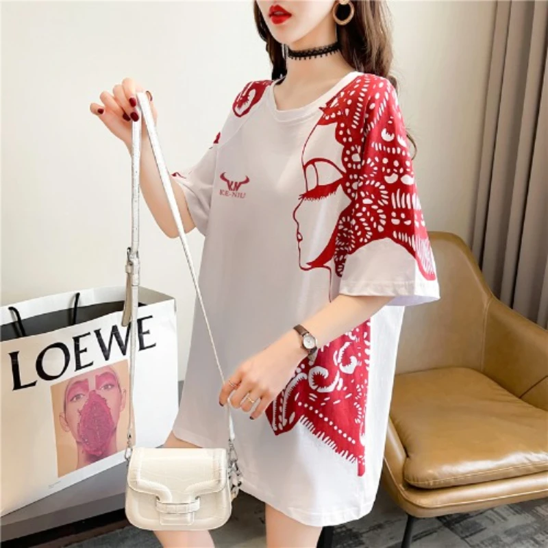 

High Quality Pure Cotton Short Sleeved Women's 2024 Summer New Casual Fashion Print Korean Loose and Versatile T-shirt