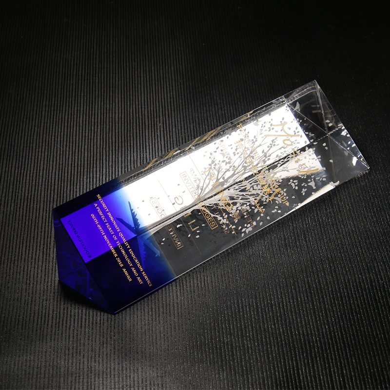Customized Triangle pillar Crystal Trophy, Excellent Staff Company Annual Meeting Awards, Home Decoration Blue crystal base, 1Pc