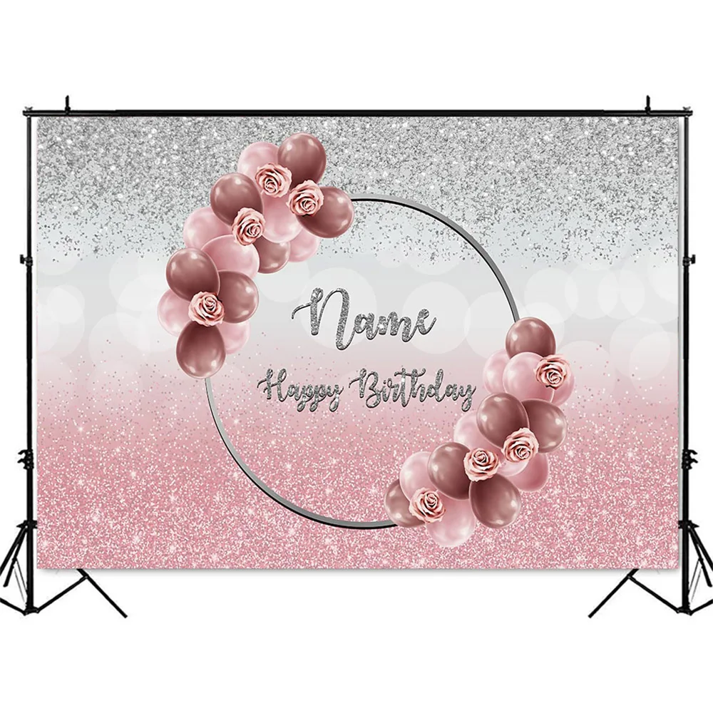 Customize Name Birthday Backdrop Sliver Glitter and Pink Background for Photo Studio Burgundy Red Balloons Photocall Vinyl Cloth photo backdrop