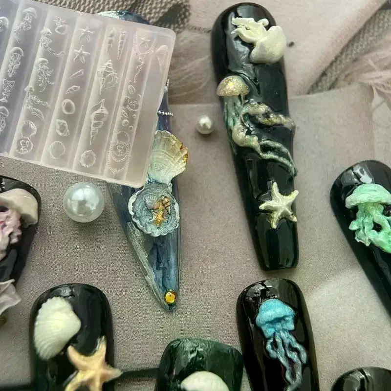 1pc Ocean Series 3D Silicone Nail Mold Jellyfish Starfish Carving Templates, DIY Manicure Design Tool for UV Gel Nail Art Decor