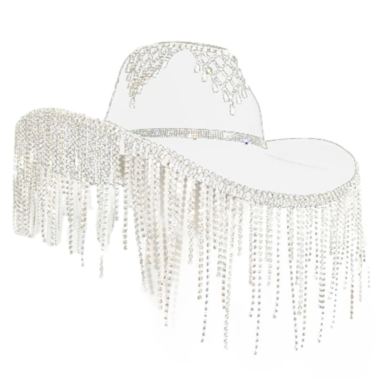 

Rhinestones Tassels Hat for Women Teens Girl Breathable Wide Brim BeachSun Hat Music Festival Hat Bachelorette Party Cap