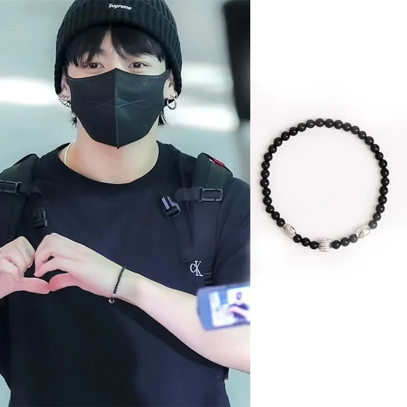 Kpop Group JK  Jung Kook Same Style Bracelet Black Agate Thread Bracelet For men Fans Charity Korean Trendy Accessories kpop group jk jung kook same style bracelet black agate thread bracelet for men fans charity korean trendy accessories