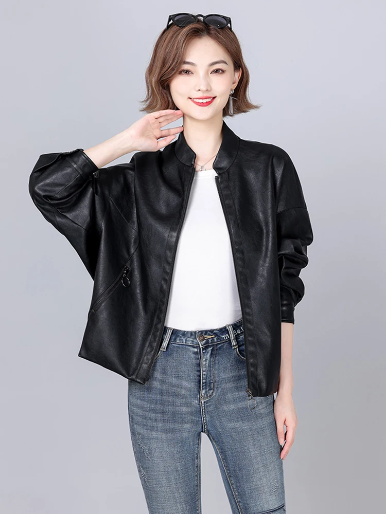 New Women Loose Leather Jacket Spring Autumn Fashion Stand Collar Bat Sleeve Casual Oversize Sheepskin Jacket Split Leather Coat