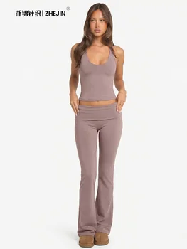 2 Piece Yoga Set Women Foldover Waist Flare Pants Bell Bottoms Tank Top Matching Set Gym Workout Fitness Wear Lounge Wear Suit 1
