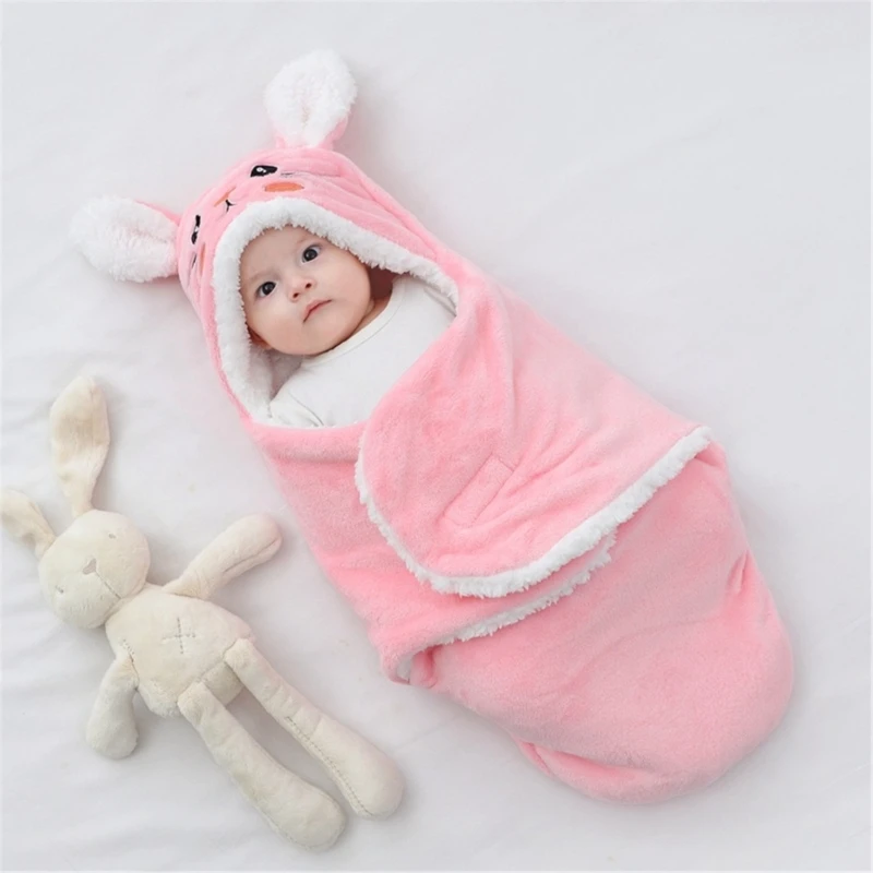 Soft Flannel Winter Warm Baby Swaddle Blanket Thicken Plush Lining Hooded Blanket for 0-6 Months Newborn Envelope Cocoon Blanket 6