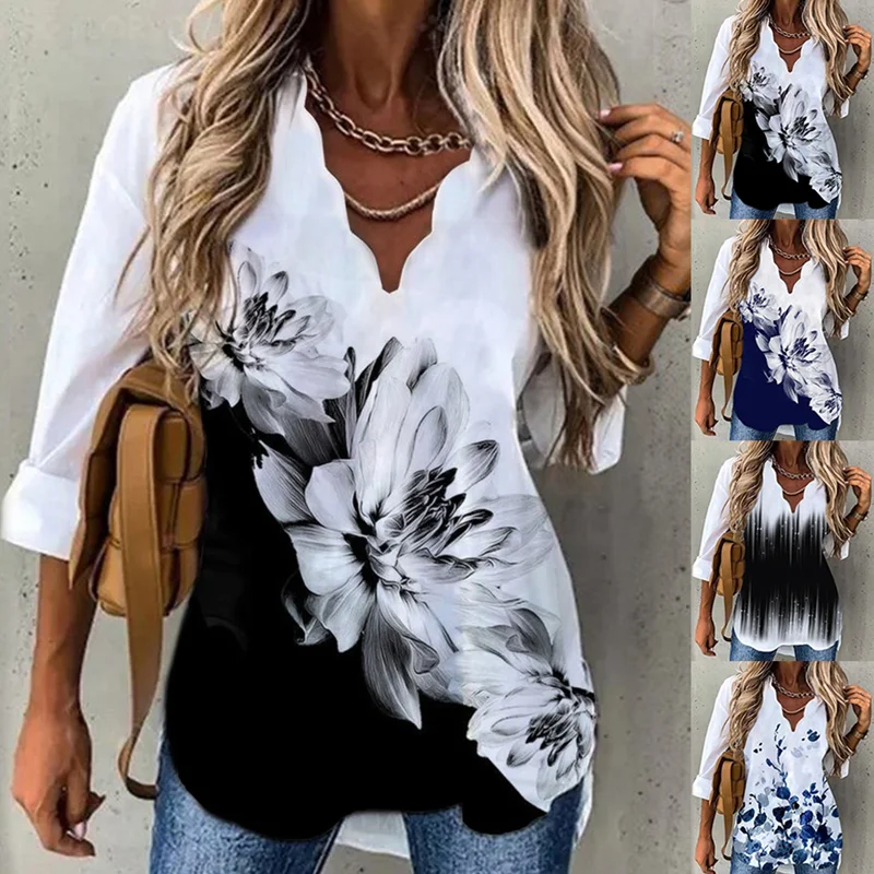 

2022 Spring And Autumn New Women's Fashion Sexy Wave V-Neck Shirt Casual Plus Size Printing Long-Sleeved Loose Top S-5XL