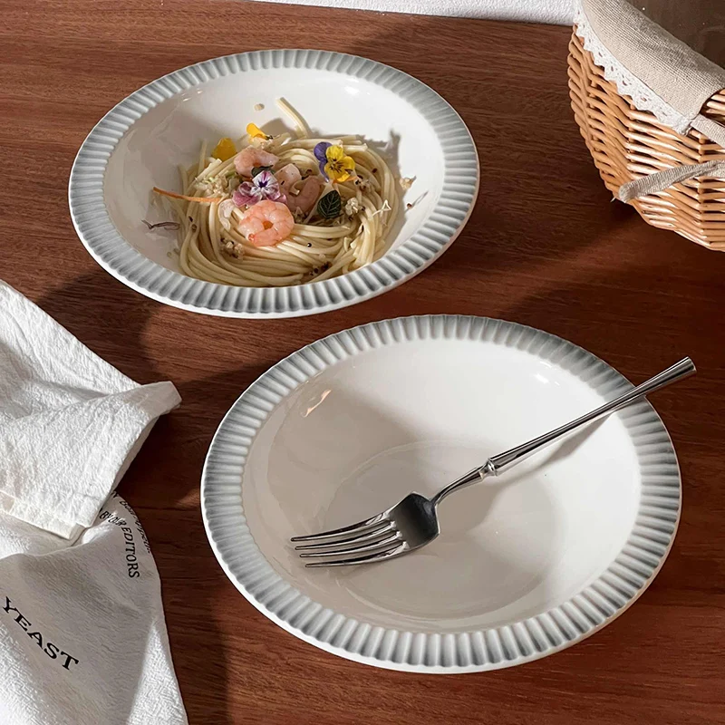 Underglaze Ceramic Deep Dish Round Vegetable Salad Plate Breakfast Pasta Plate Simple Dessert Plates Tableware