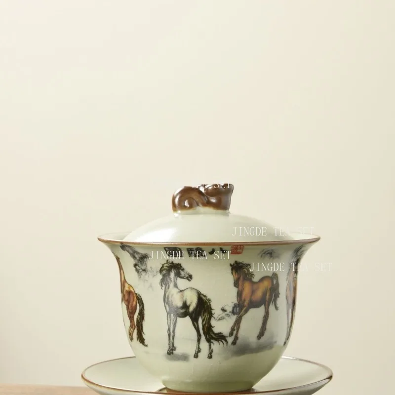 180ml Ru Kiln Cracking Ceramic Sancai Cover Bowl Heart Sutra Kung Fu Tea Bowl Underglaze Colored Household Chinese Tea Cup