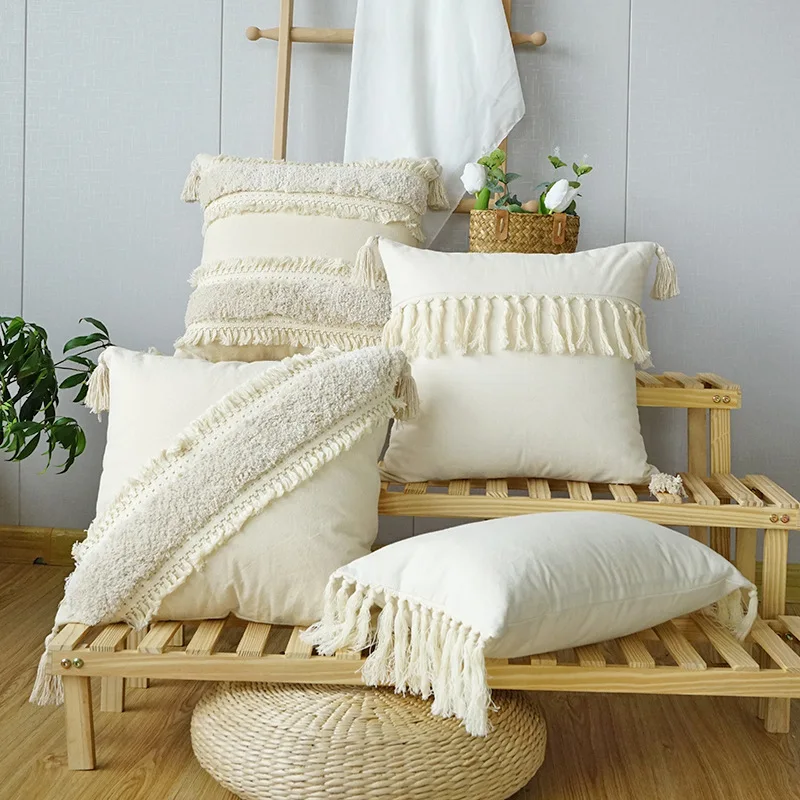 

Boho Design Cushion Cover 45x45cm Cotton Ivory Solid Color Ethnic Tassels Throw Pillows Case Sofa Bed Living Room Home Decor